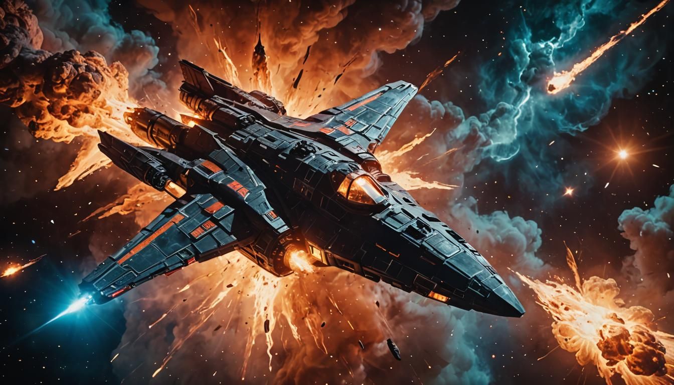 Burning Spaceship in Orion Nebula: Cinematic Film Still