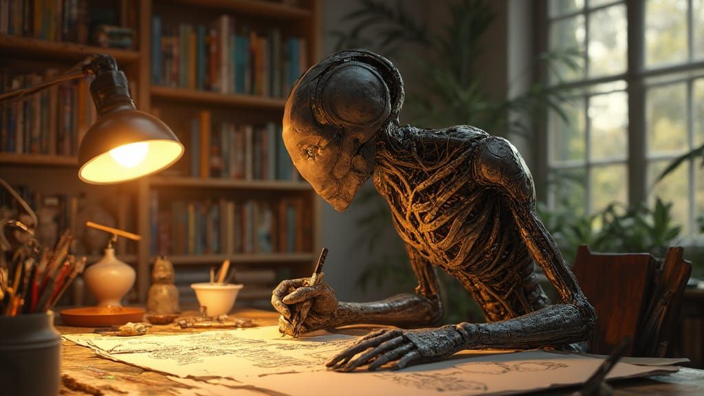 Biomechanical Humanoid Transforming in Art Studio