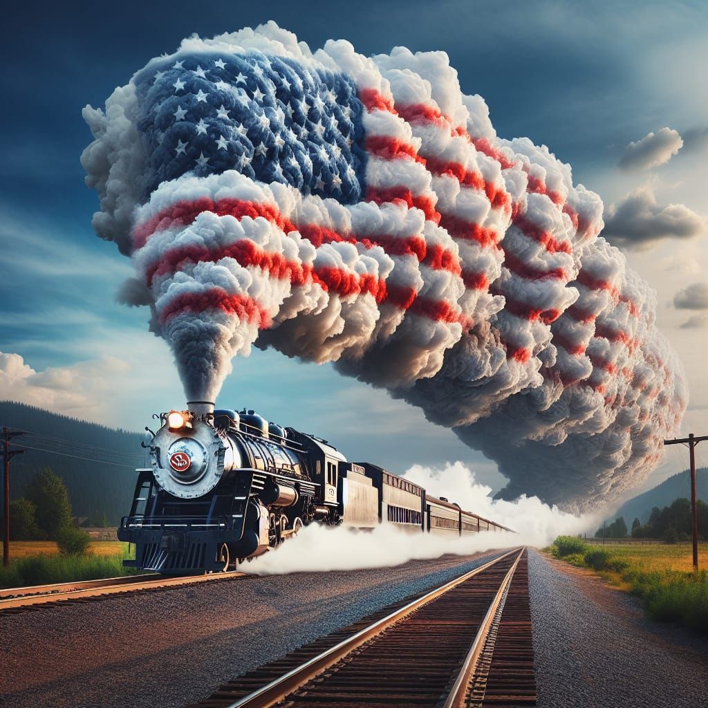 American Flag Smoke Steam Train in Motion