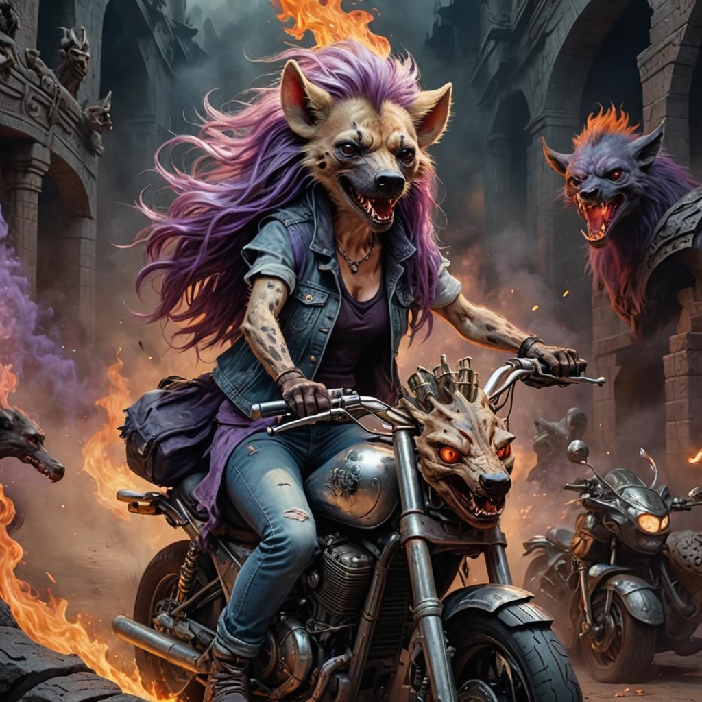Furry Hyena Rides Motorcycle Through Boschian Labyrinth