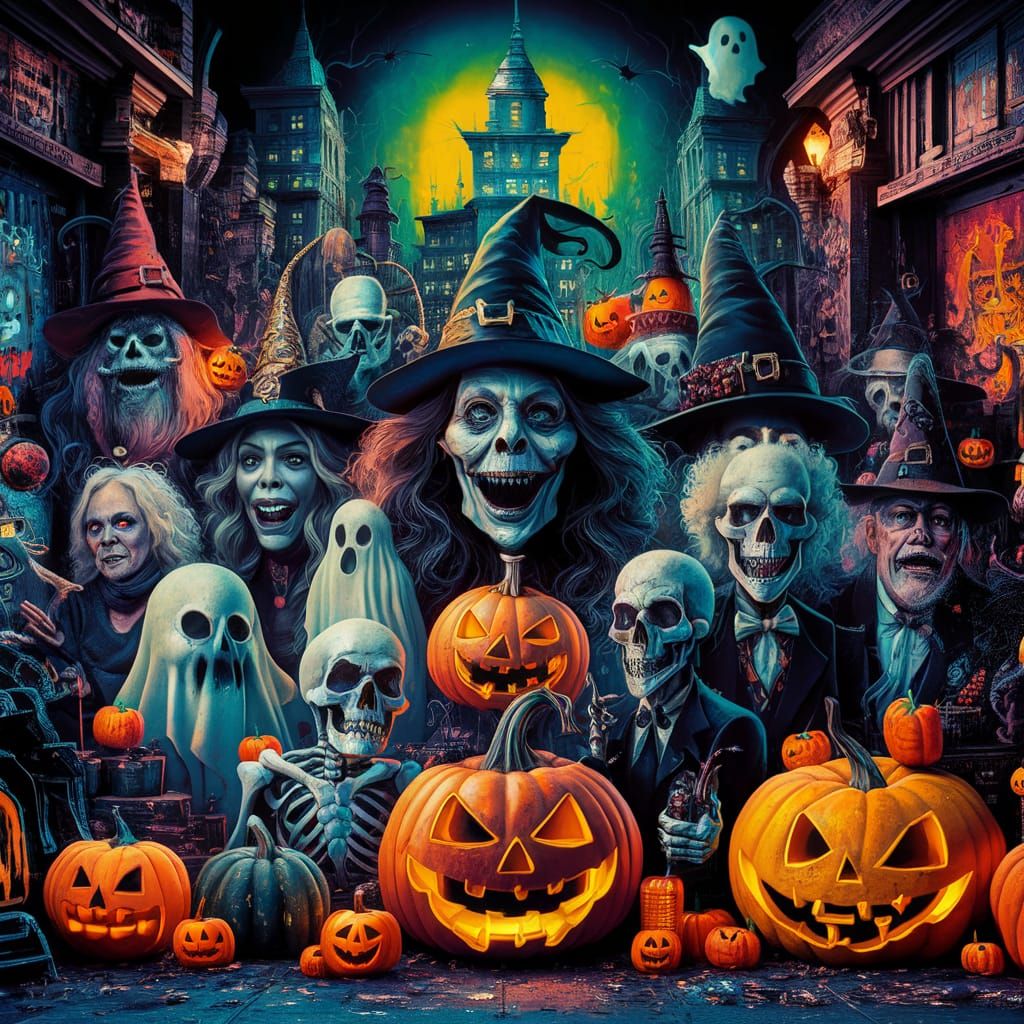 Vibrant Halloween Graffiti Art with Spooky Characters