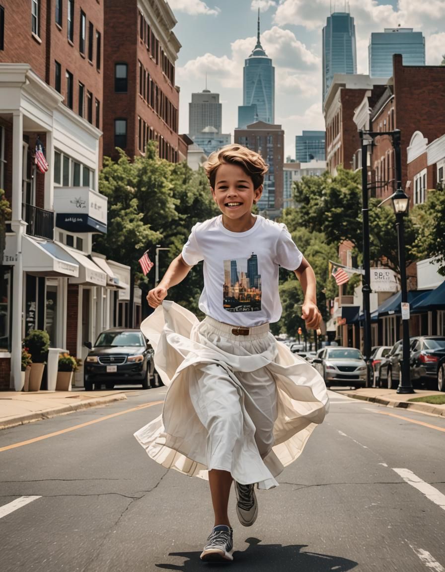 Boy in White Skirt Runs Through American City