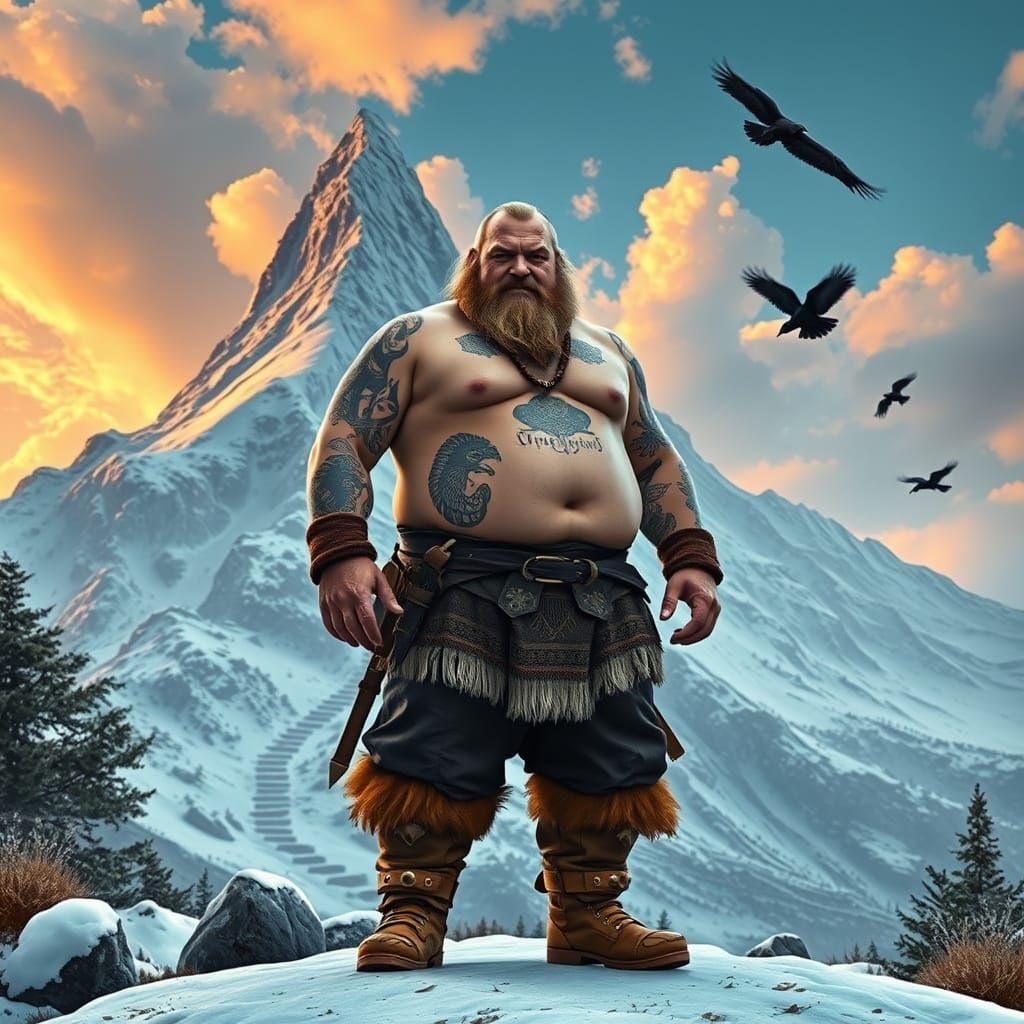Viking Warrior in Mountain Landscape, Hyper-Realistic Style