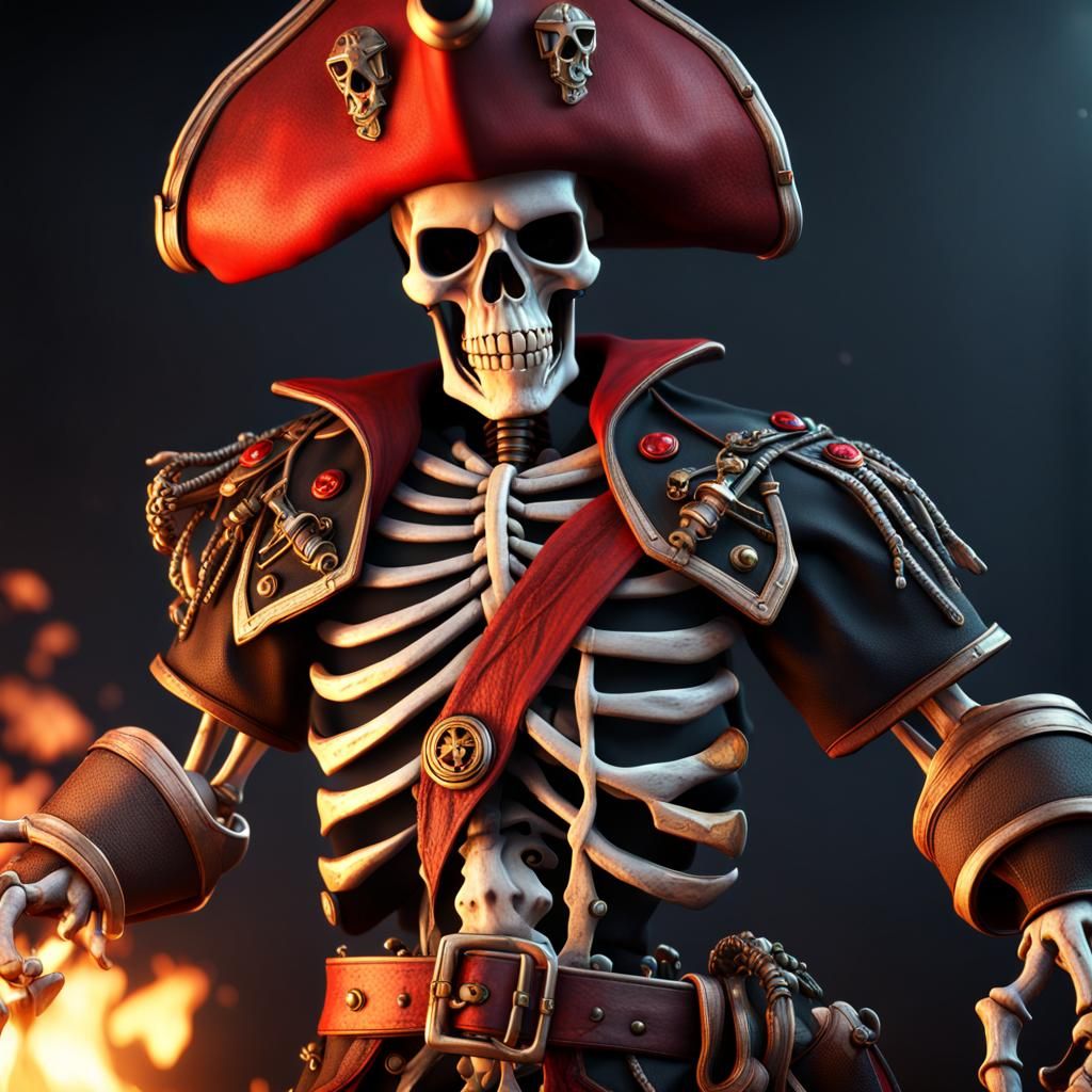 Skeleton Pirate Captain with Fiery Eyes: 3D Render
