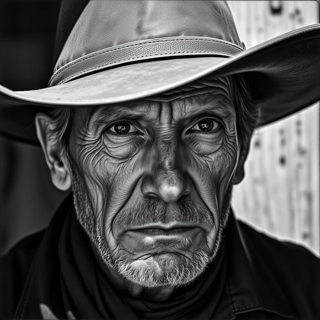 Weathered Western Cowboy Portrait in Deep Black and White In...