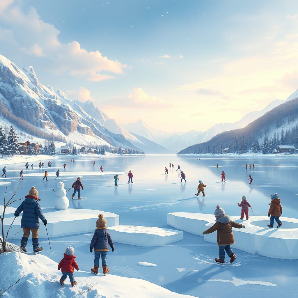 Joyful Winter Wonderland Scene with Children Ice Skating and...