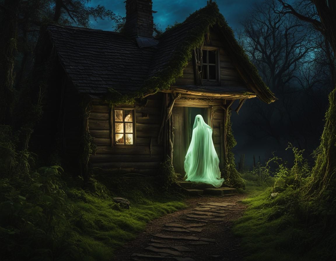 Eerie Ghostly Figure in Haunted Village: Film Noir Style