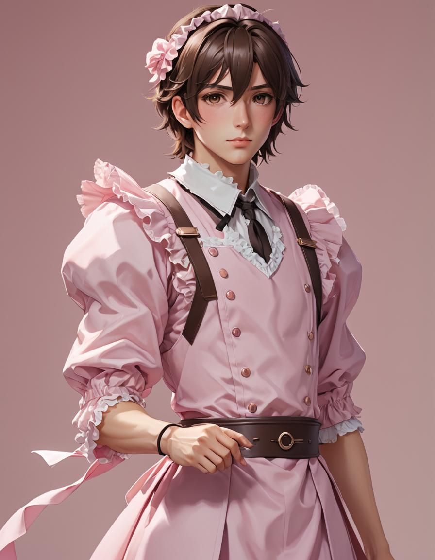 Anime Boy in Pink Maid Dress: 3D Render