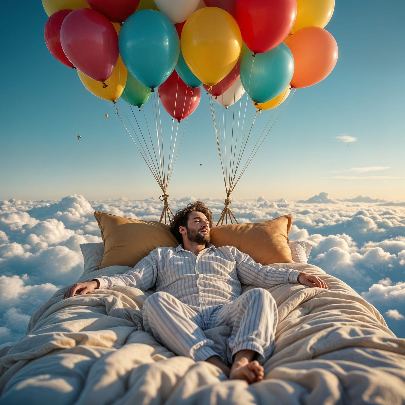 Man Sleeping in Floating Bed: Hyperrealistic Dreamscape