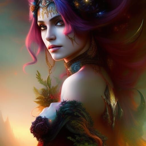 Mystical Woman in Shadowy Forest, Art Nouveau Portrait