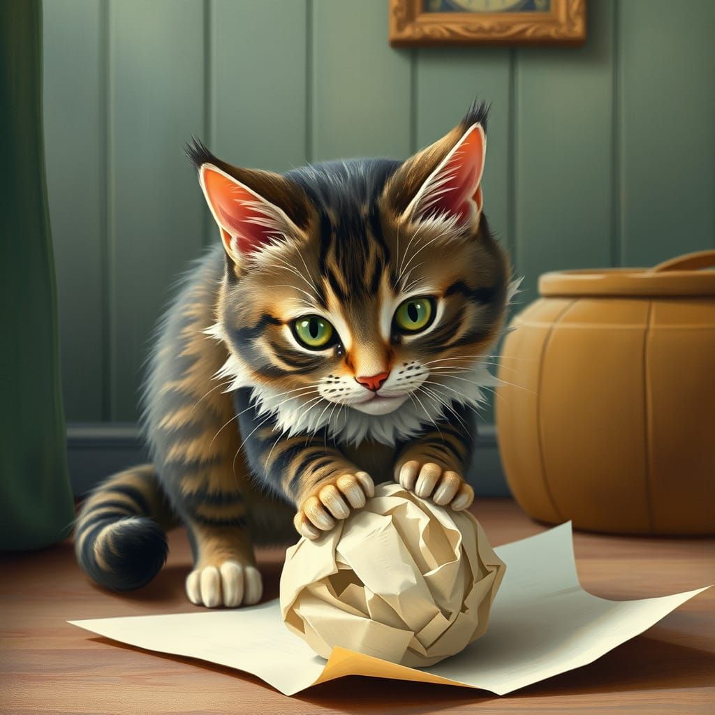 Cat Pouncing on Paper: Beatrix Potter Style