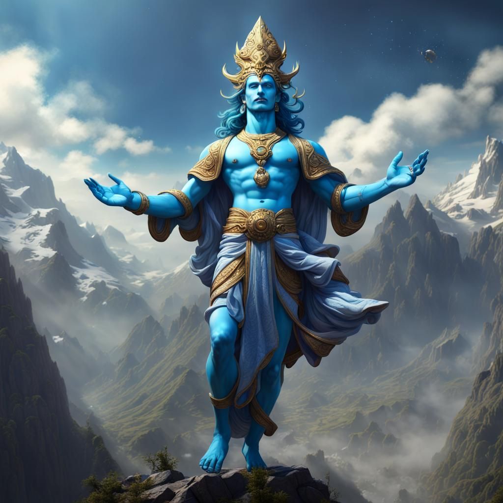 Vishnu Avatar in Dark Fantasy Landscape