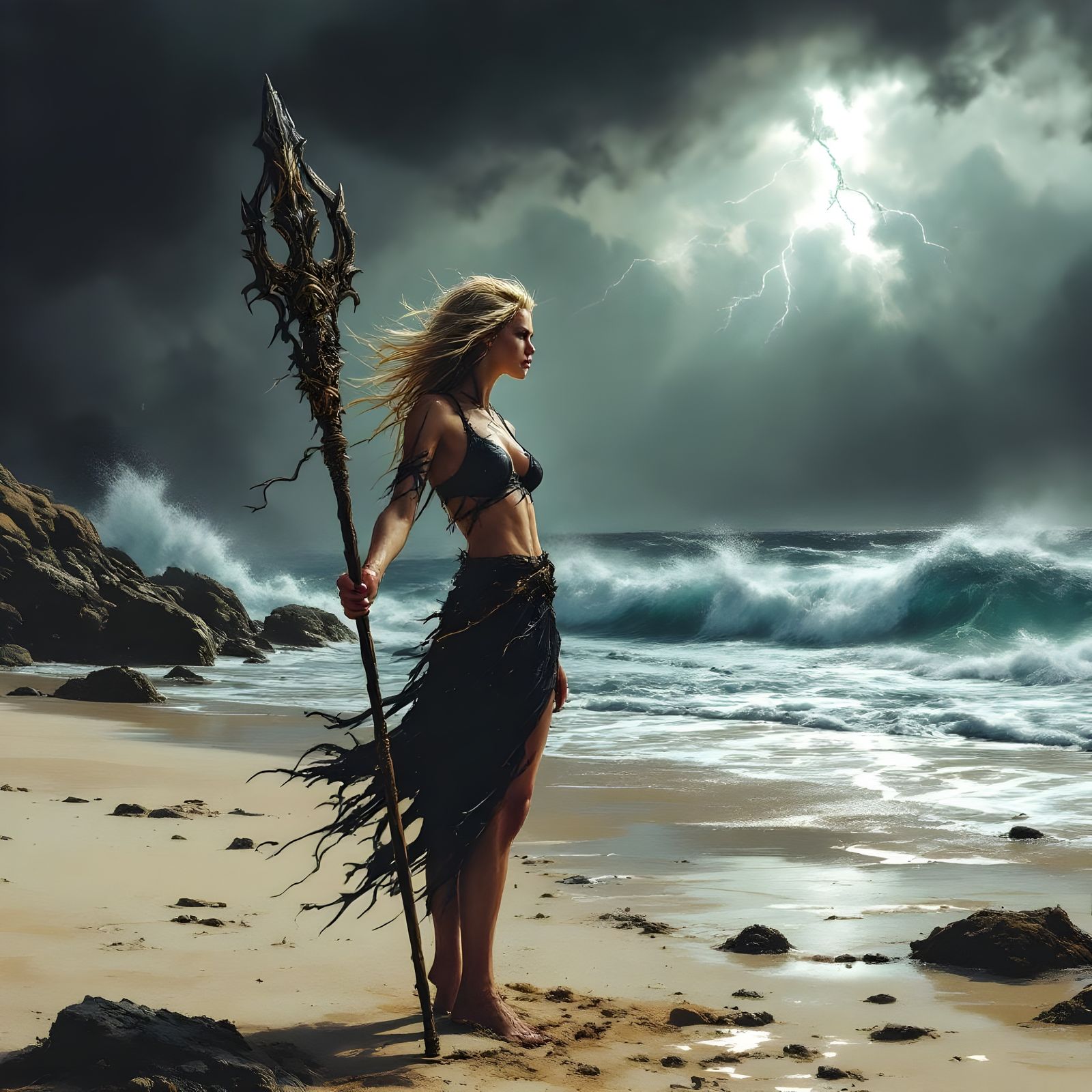 Norse Goddess on Stormy Beach, Fantasy Art