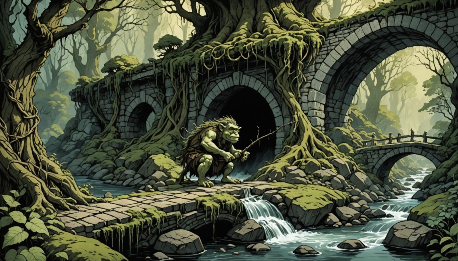 Moss Troll Fishing Under Stone Bridge in Dark Forest