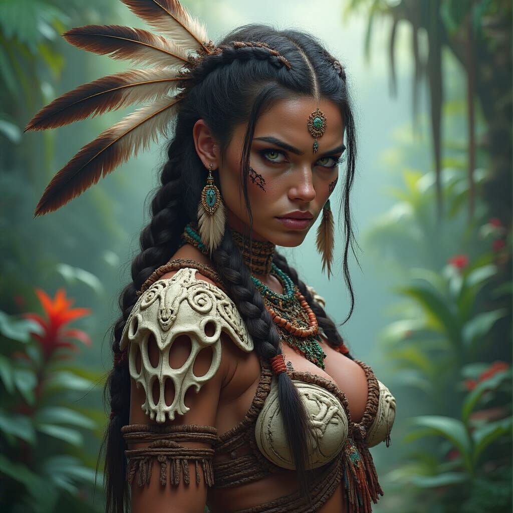 Female Warrior in Jungle, Hyperrealistic Art
