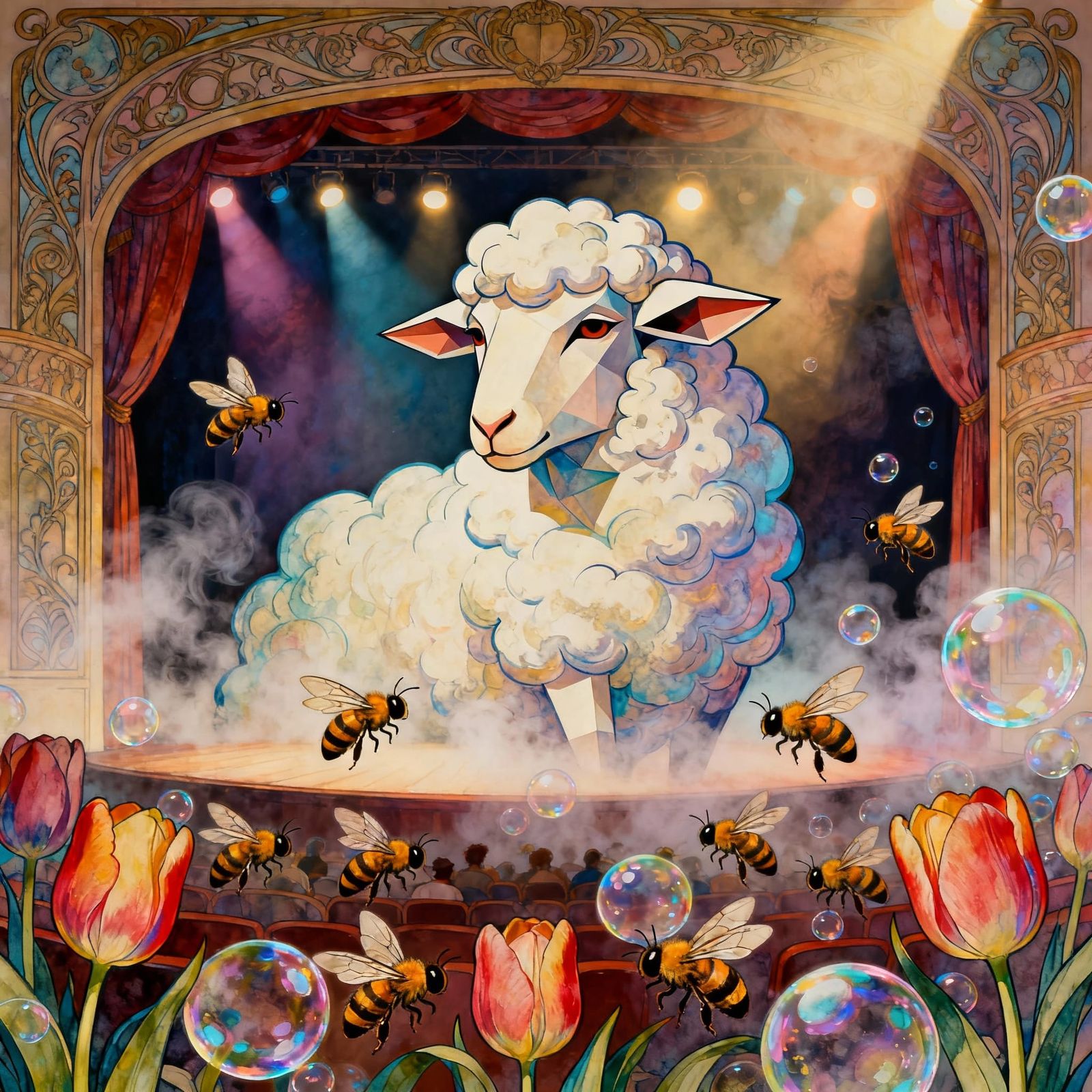 Stylized Sheep Attends Avant-Garde Theater Amidst Bubblebees