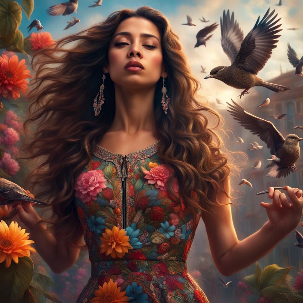 Latina Maiden Singing with Birds: Digital Matte Painting