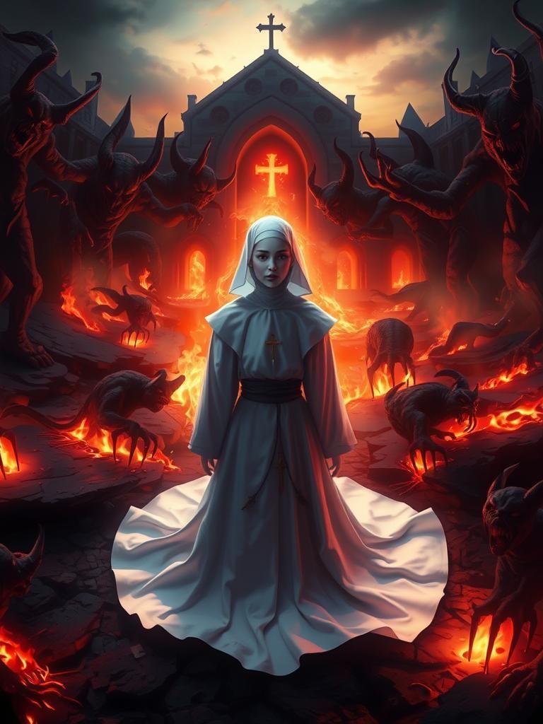 Nun Kneeling in Gehenna, Gothic Horror Art