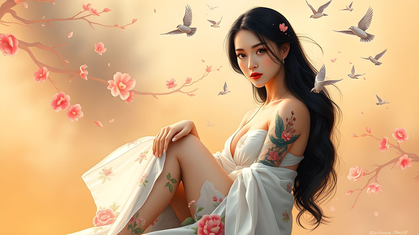 Elegant Woman with Tattoos: A Digital Fantasy Painting