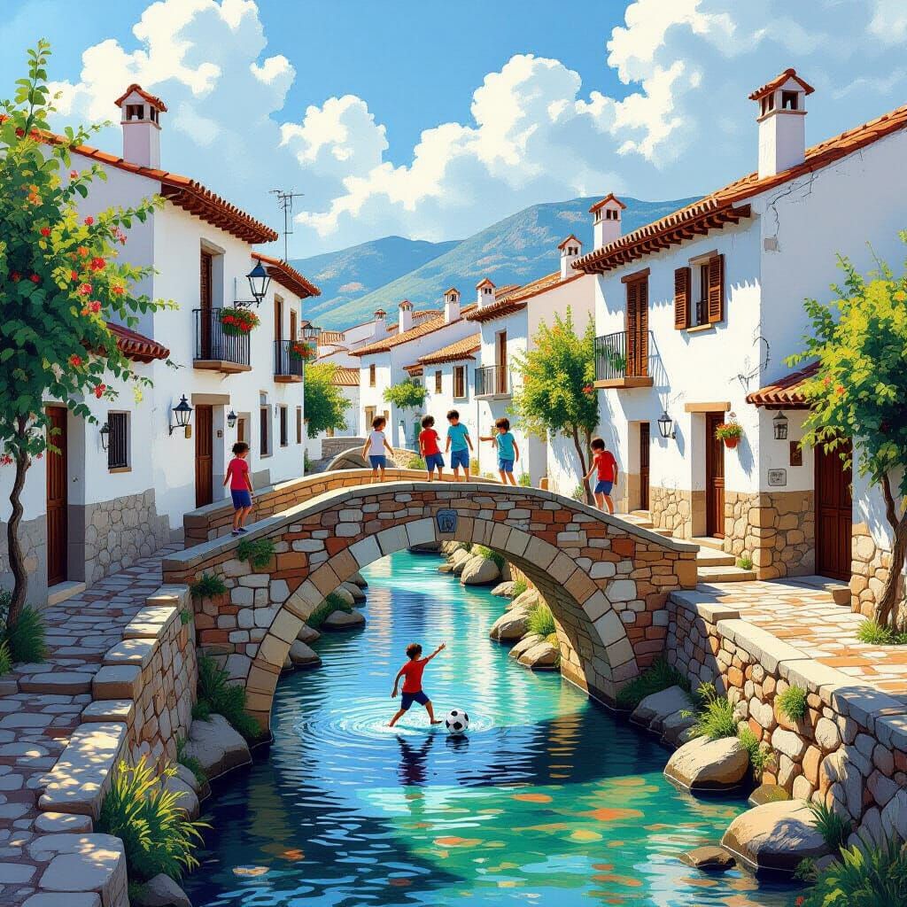 Spanish Village Children Play Soccer on Bridge