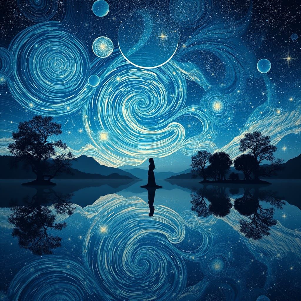 Celestial Reflection: Mirrored Galaxies Over Tranquil Lake