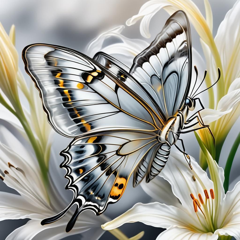 Beautiful smokey glass butterfly on a white lily.