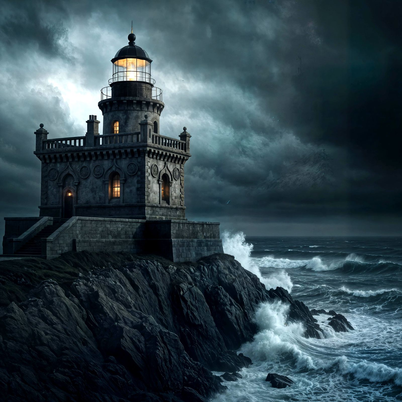Eerie Gothic Lighthouse with Crashing Waves