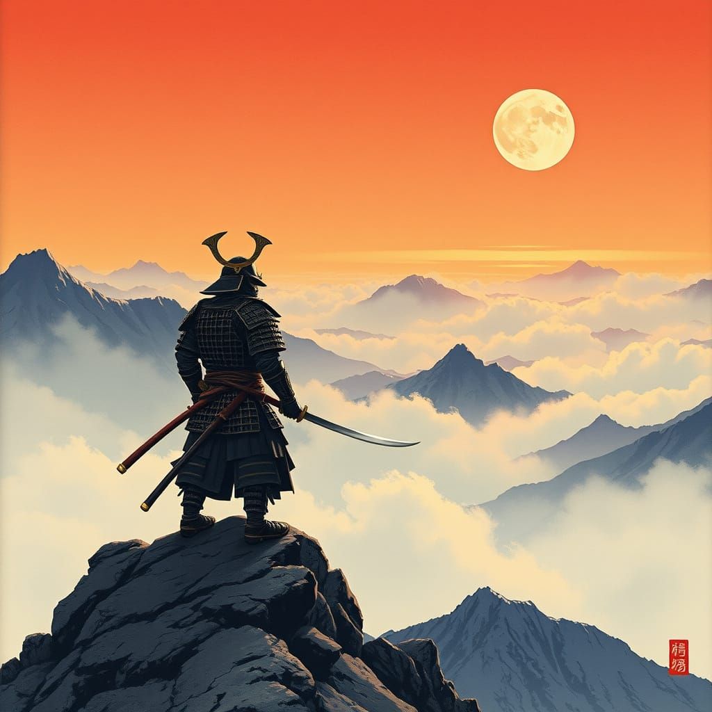 Samurai Warrior on Windswept Peak: Woodblock Style