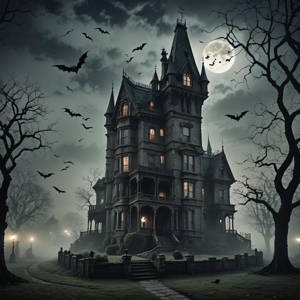 Spooky Gothic House with Bats in Dark Surrealism
