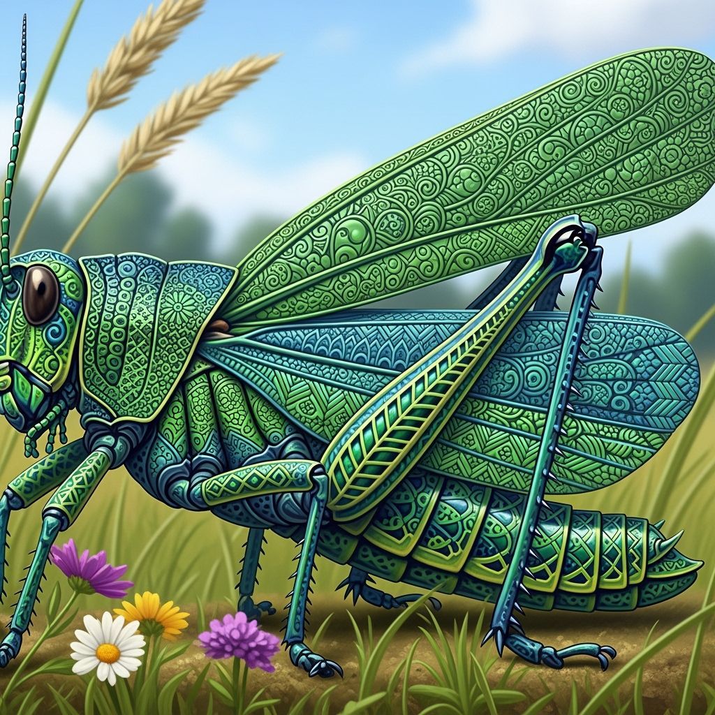 Zentangle Grasshopper in Emerald and Sapphire