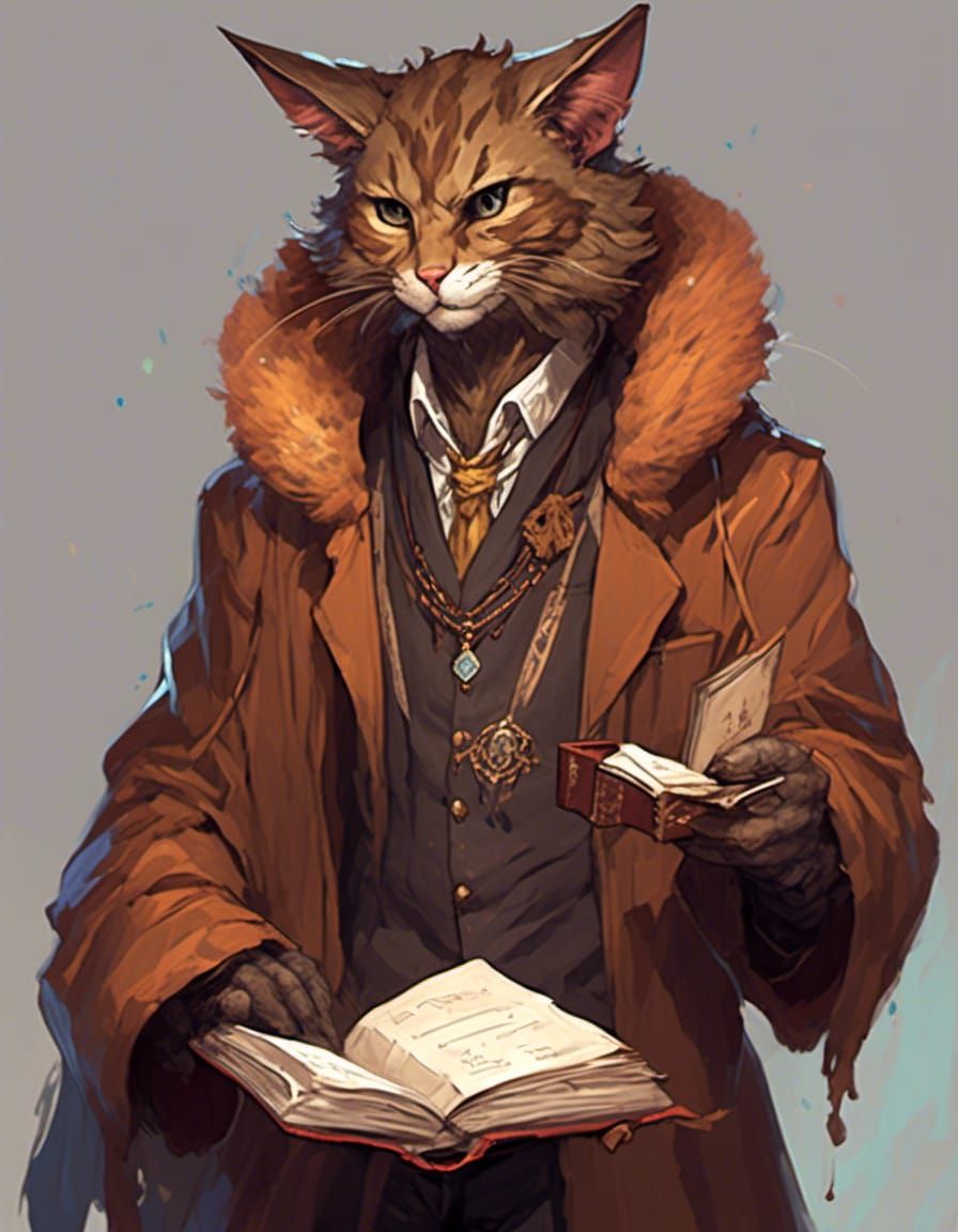 Catfolk Thaumaturge with Grimoire in Dark Fantasy Style