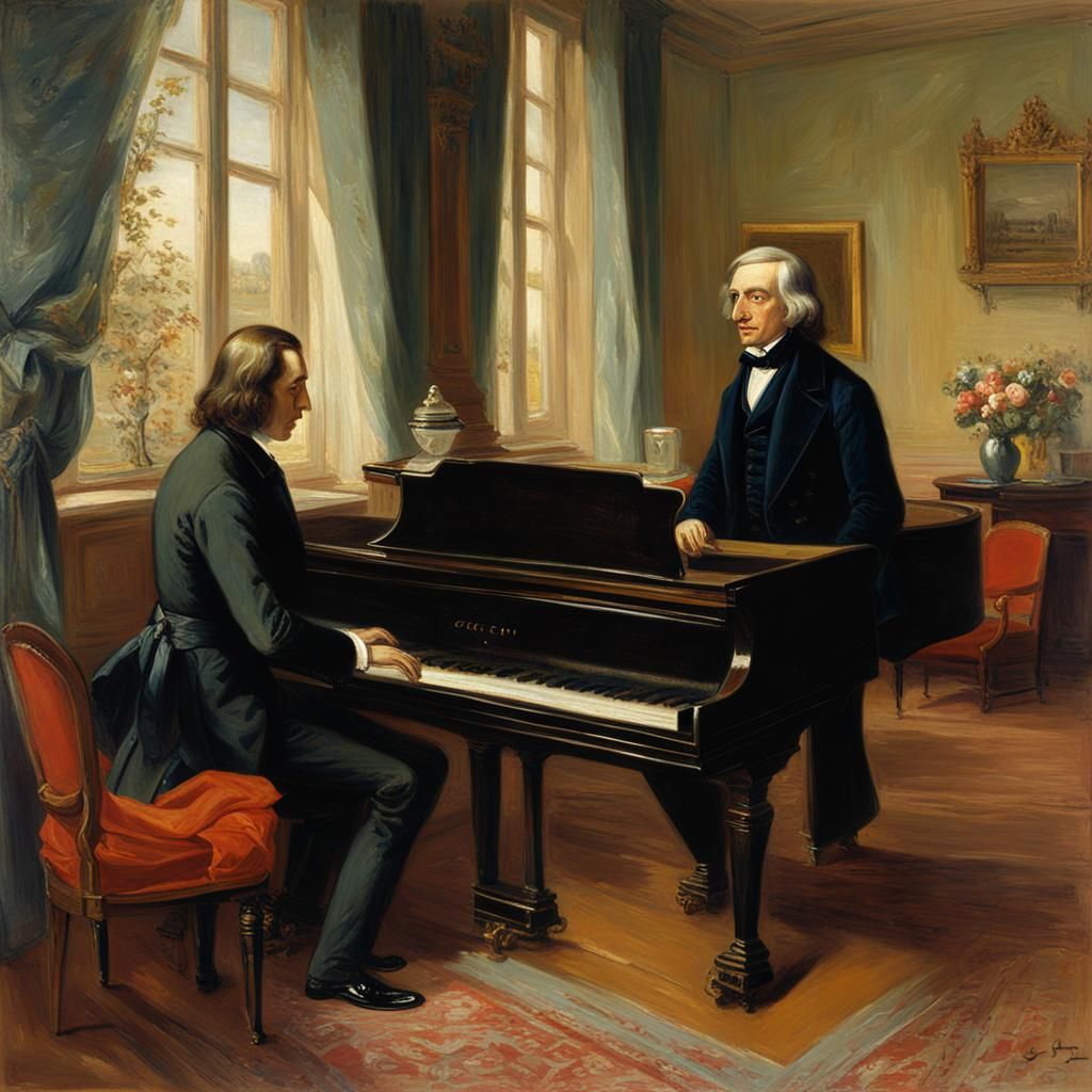 Liszt and Chopin in Parisian Apartment, Oil Painting