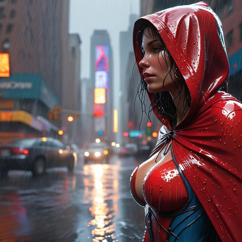 Spiderwoman in Rain, Comic Book Art Style