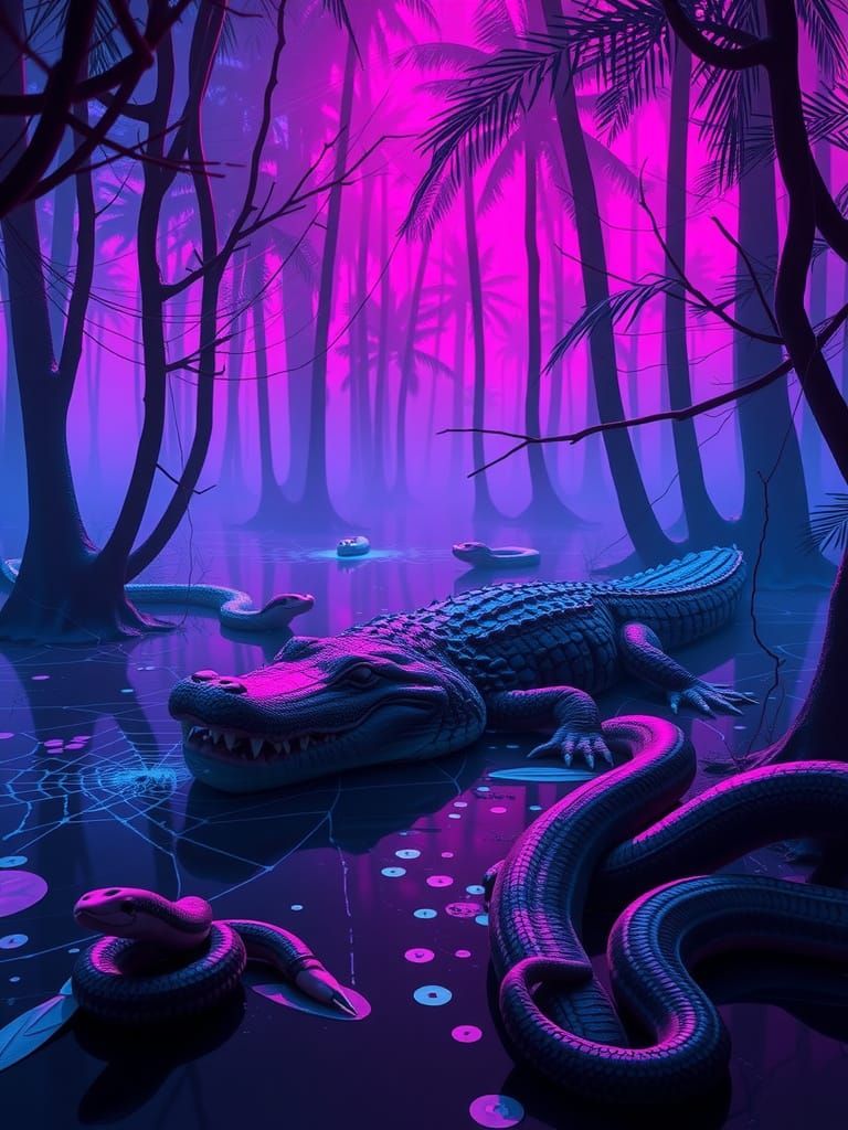 Cyberpunk Swamp Scene with Alligator and Neon Hues