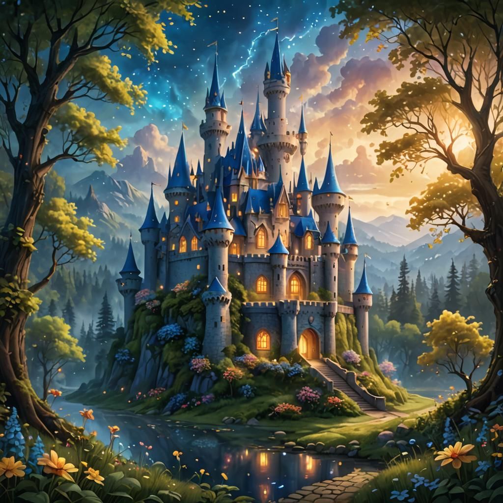 Dreamy Fairy Tale Castle in Misty Forest