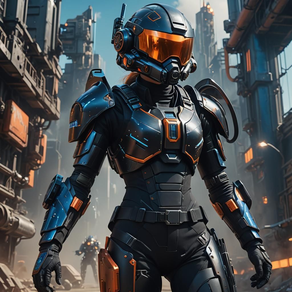 Futuristic Soldier in Armor with Blaster Pistol