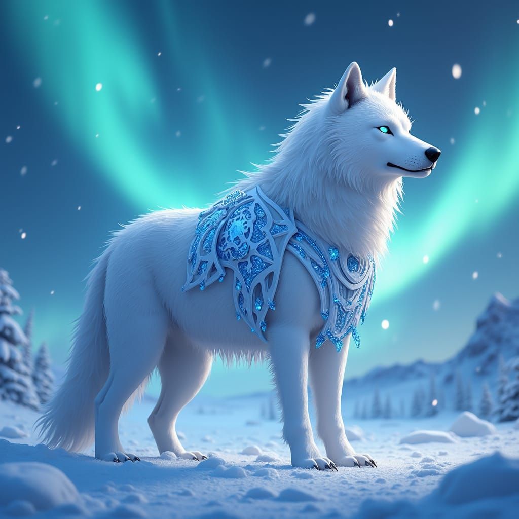 Armored White Wolf in Aurora Snowfield, 3D Anime Art