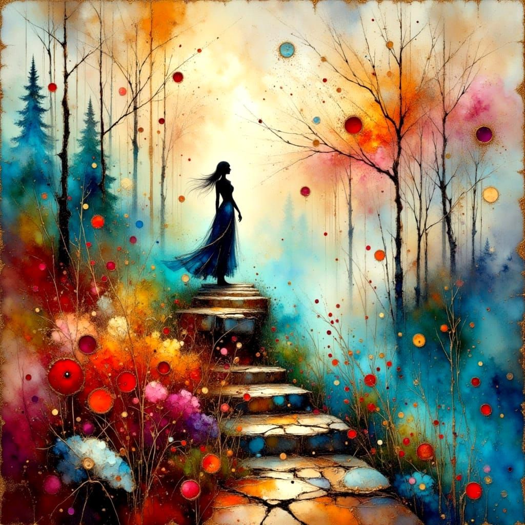 A Young Woman Ascends Steep Steps into a Mysterious Future