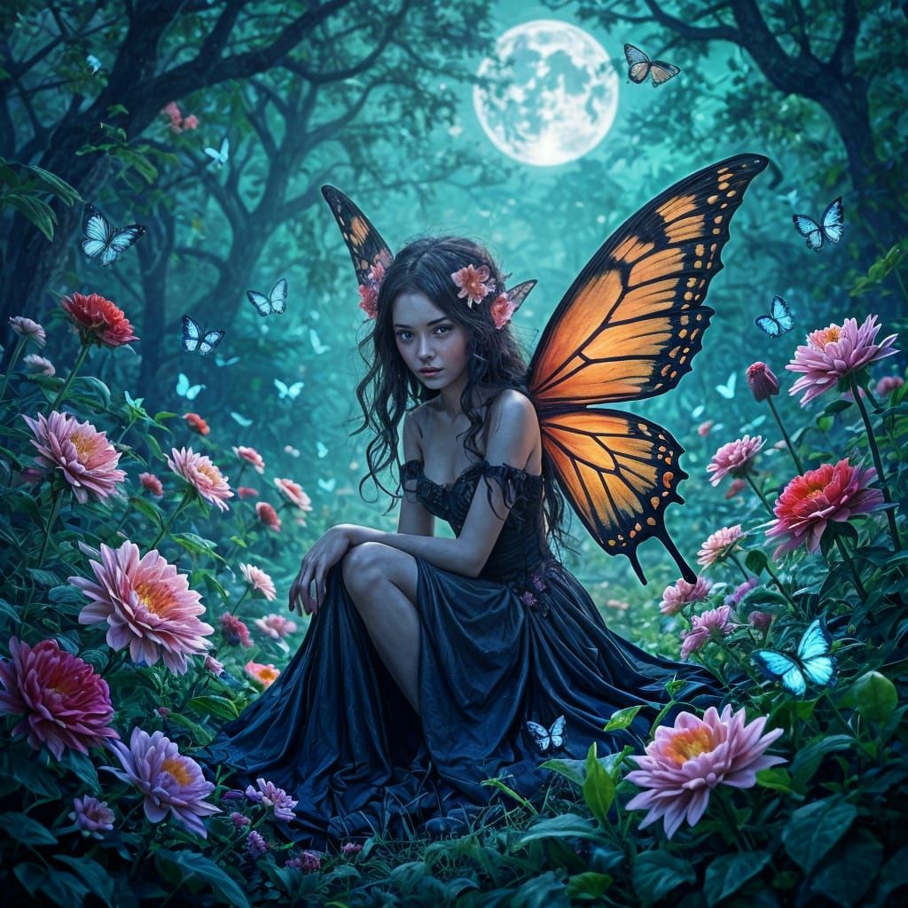 Scary Fairy in Blooming Garden with Butterflies