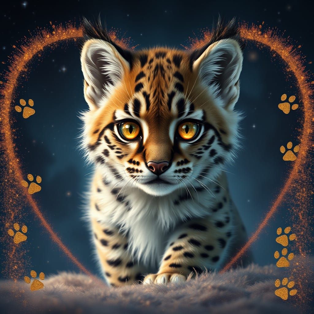 Magnificent Bobcat Cub in a Glittering Heart-Shaped Border