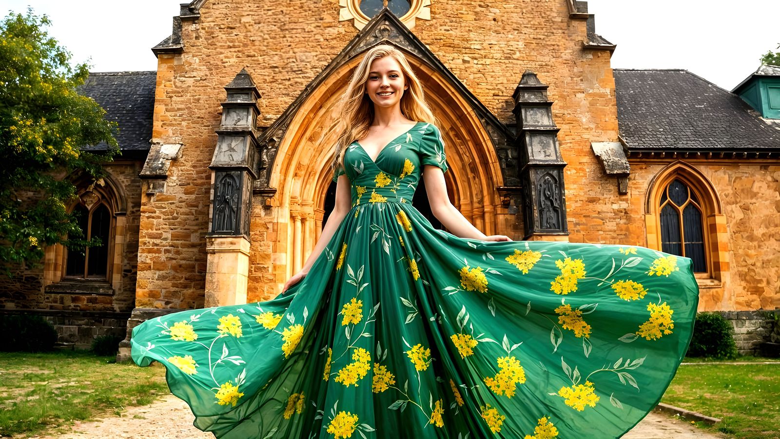 Tall Blonde Woman in Flowing Green Wedding Dress in Front of...
