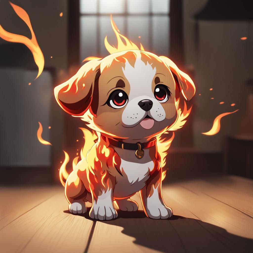 Sentient Fire Puppy in Anime Art Style