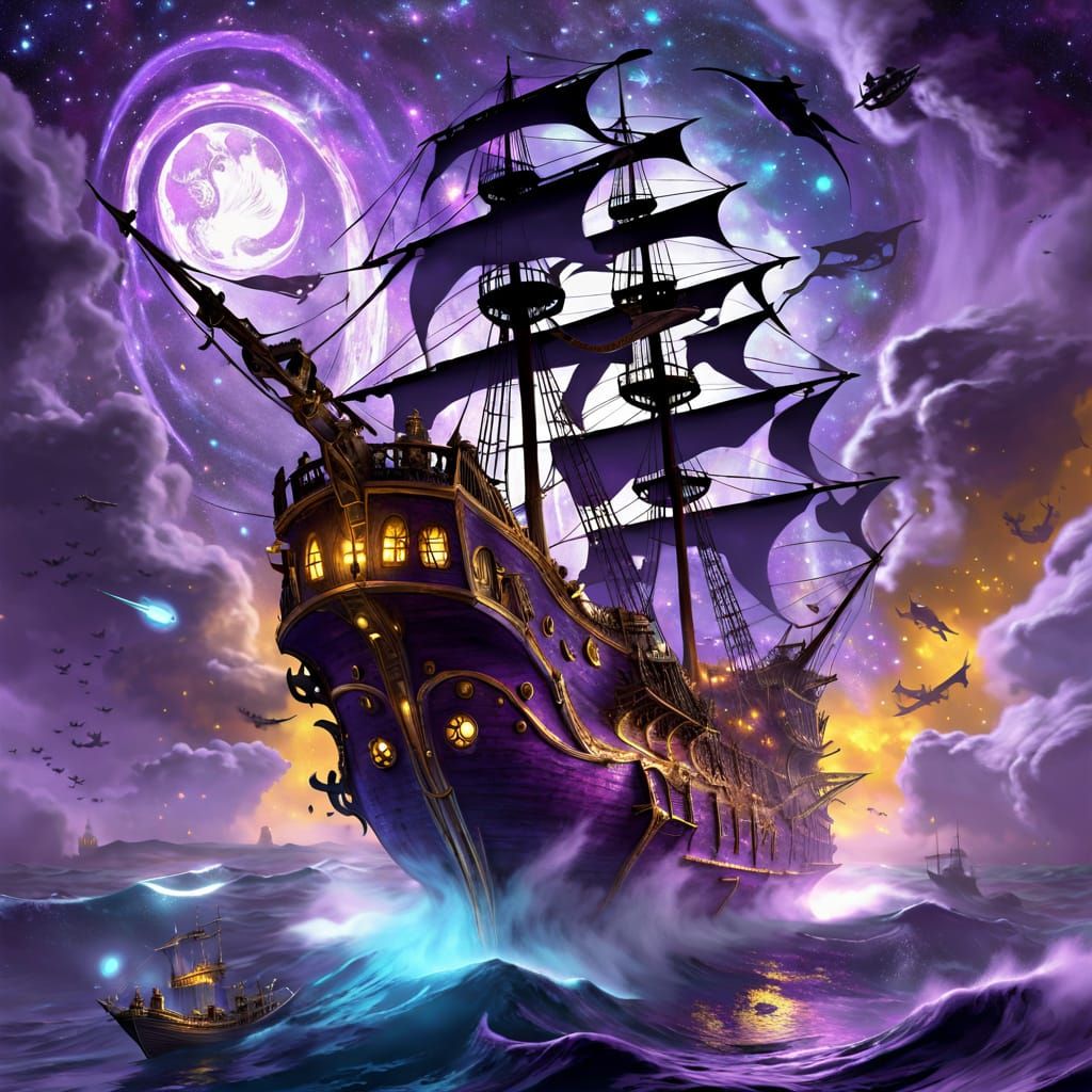 Ghostly Pirate Rocket Ship Soaring Through Starry Skies