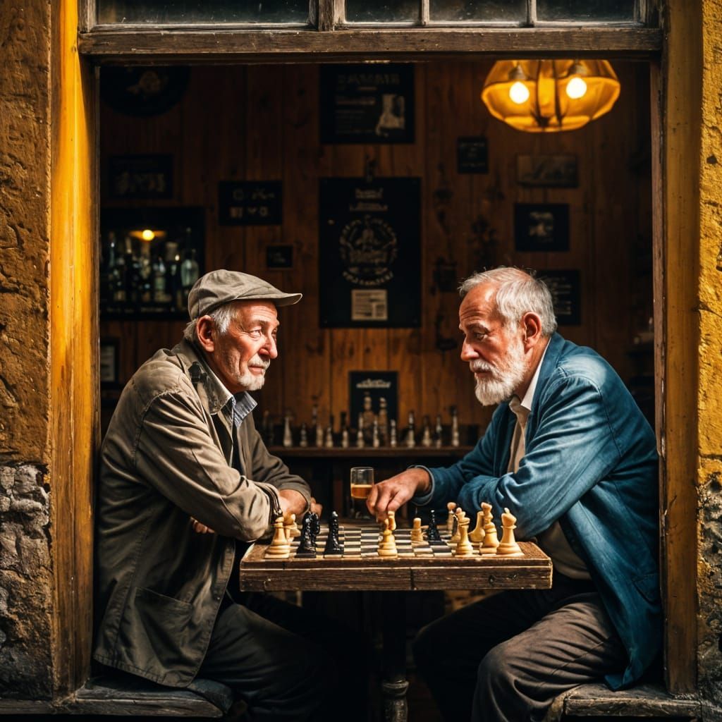Chess Game in Old Bar with Colorful Light