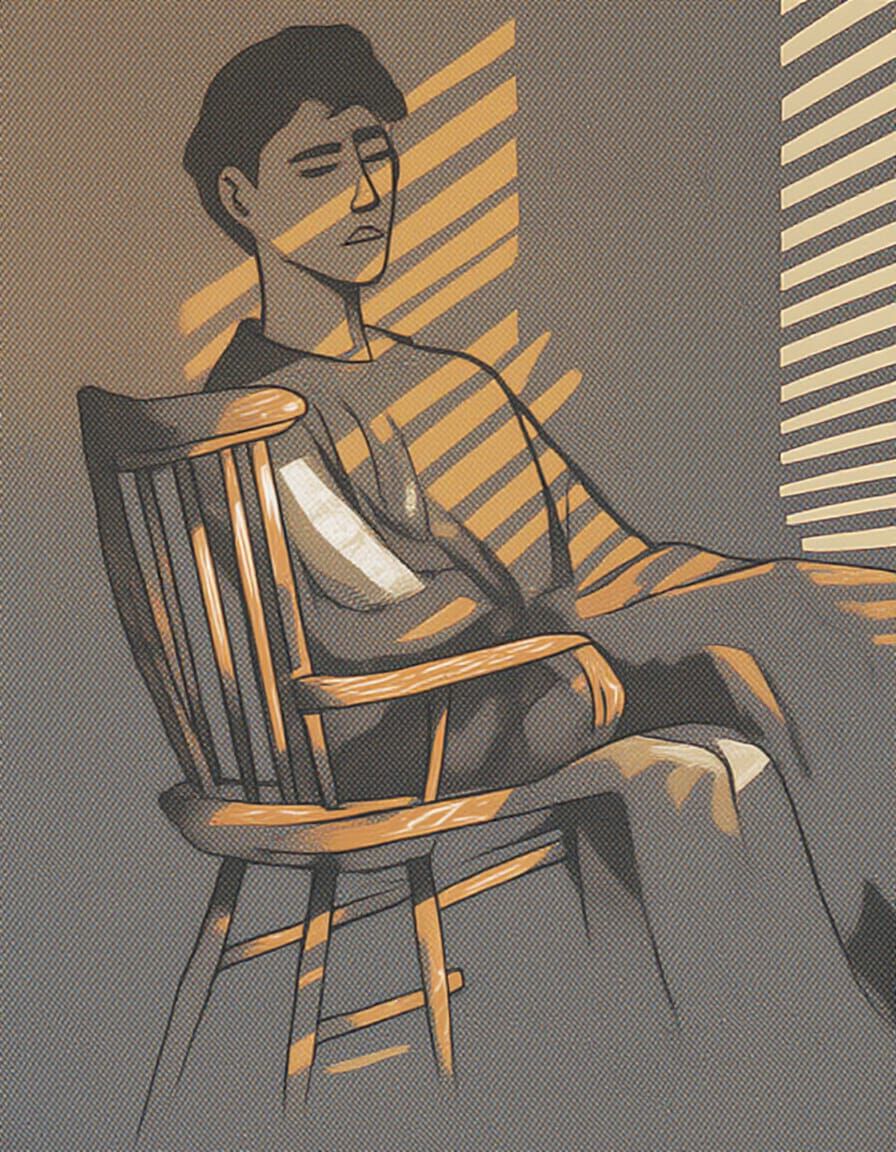 Man in Hoodie on Wooden Chair with Cinematic Shadows