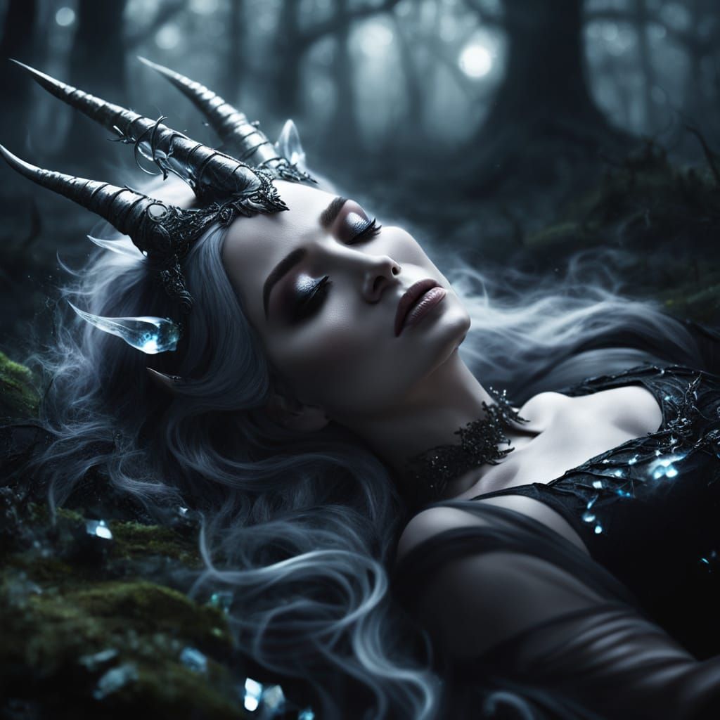 Mystical Unicorn Woman in Dark Forest