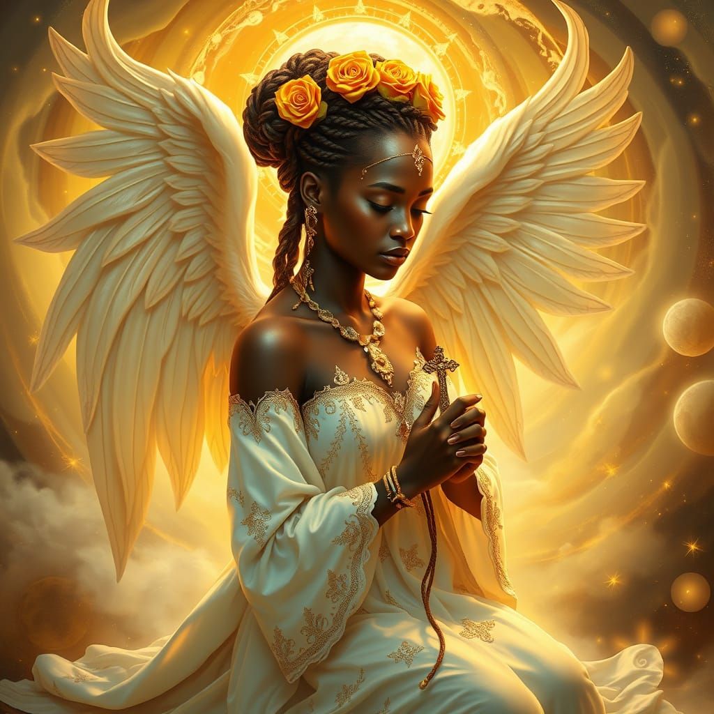 A divine African angel kneeling in prayer