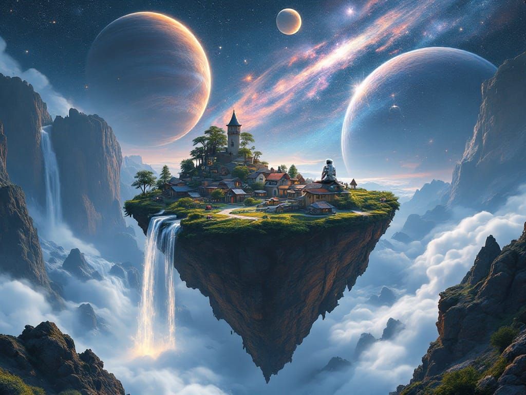 Enchanting Cosmic Island with Astronaut in Breathtaking Pano...