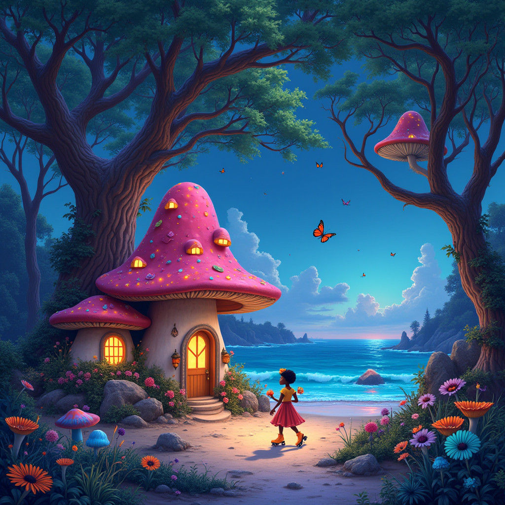 Enchanted Bioluminescent Forest with Fairy Mushroom House