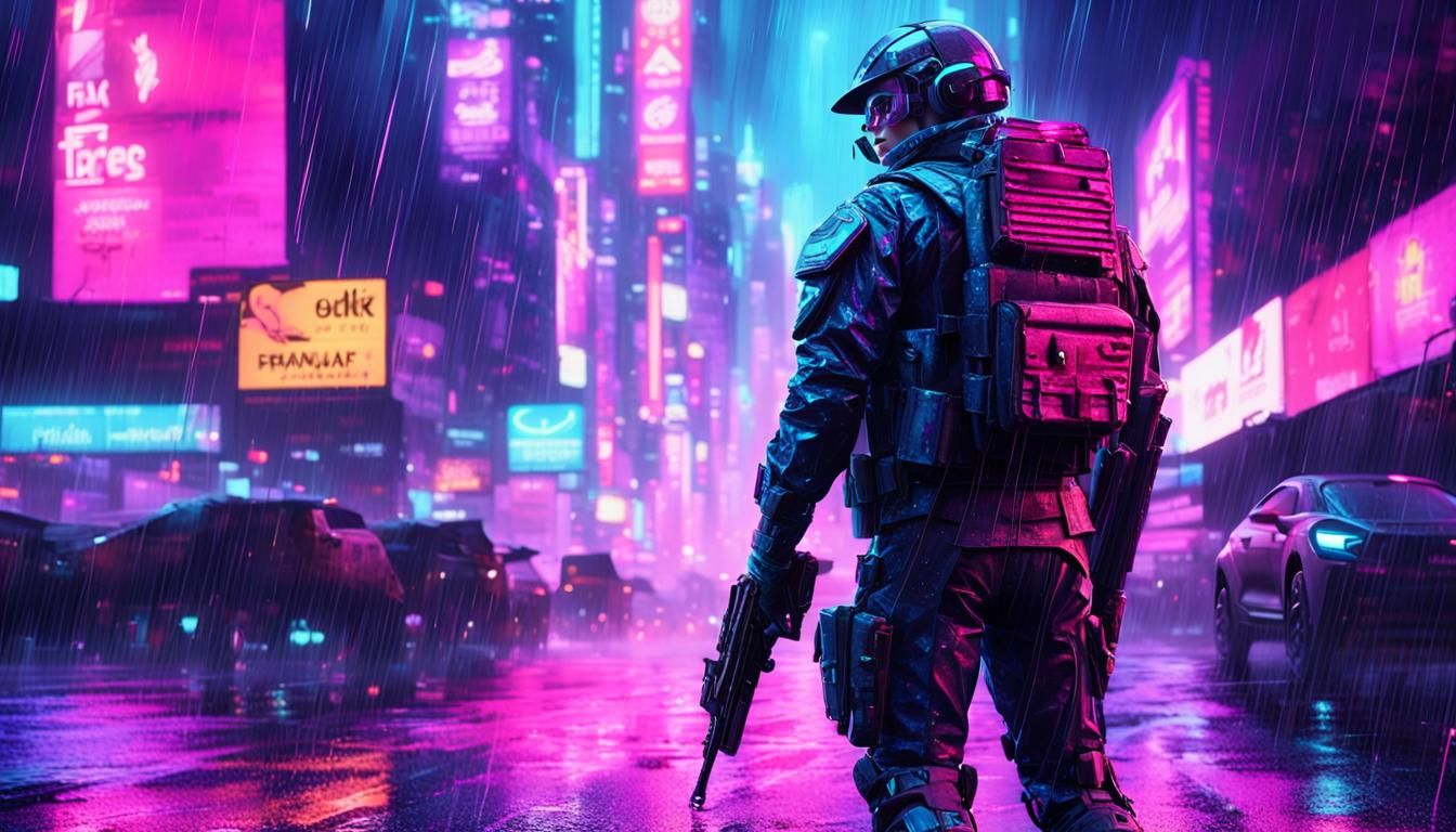 Neon Cyberpunk Soldier in Rainy Cityscape